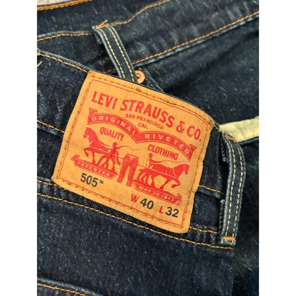 Levis 505 Regular Fit Dark Wash Straight Leg Jeans Mens 40x32 Blue Stretch